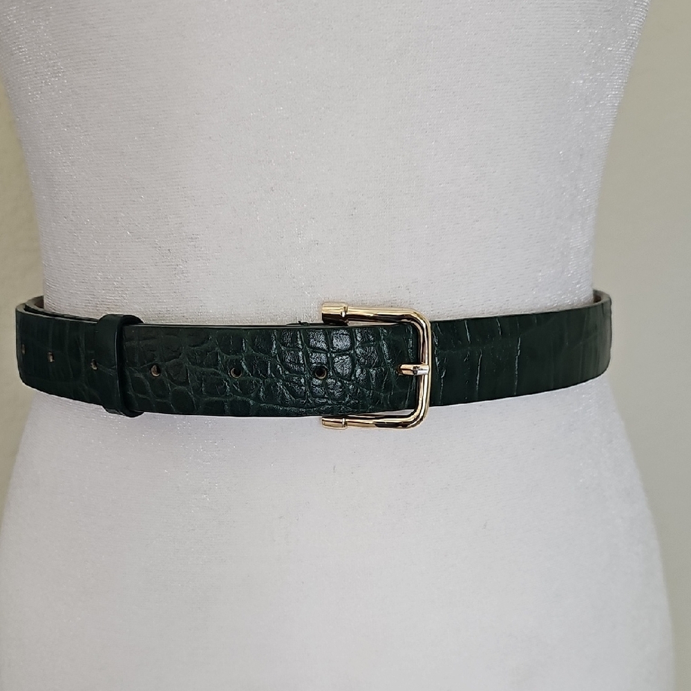 Ann Taylor Dark Green Croc-Embossed Leather Waist Belt with Silver Buckle